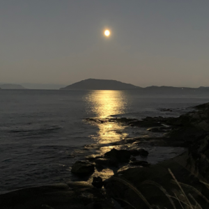Full moon casting a silver pathway of light across the calm ocean waters at Saturna Island BC